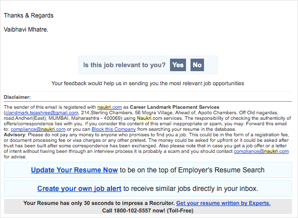 No unsubscribe link on naukri's email
