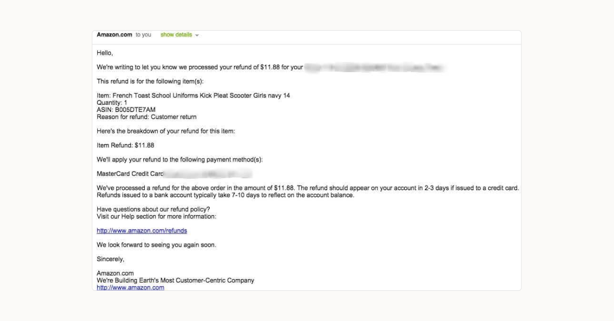 Amazon - Product return email