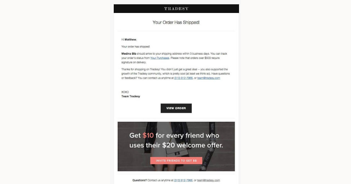 confirmation email by Tradesy
