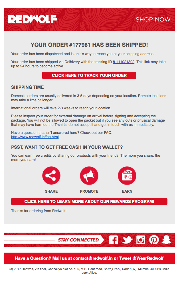 order tracking example through sms, email markeitng & push notification